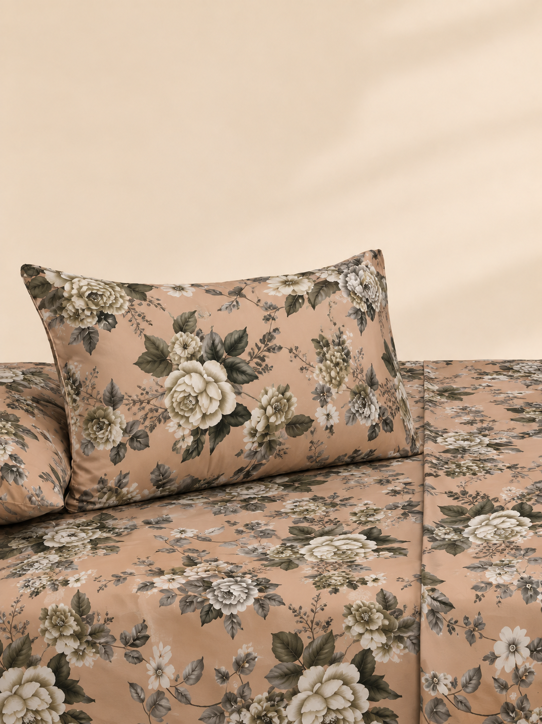 Beige Floral 3 Pc Bed Sheet Set by MeruHome – gallery view 3