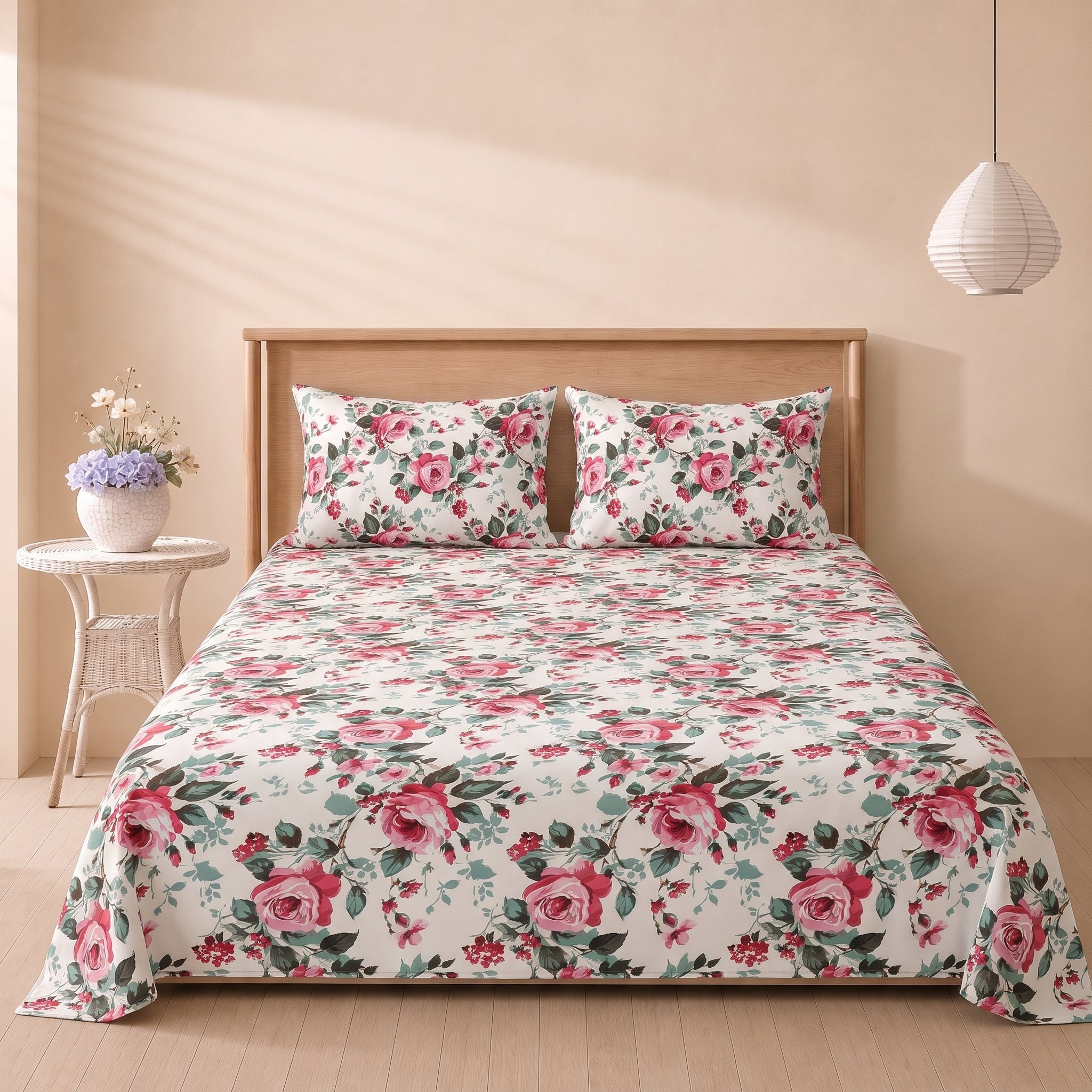 Pink Rose Cottage 3 Pc Bed Sheet Set by MeruHome