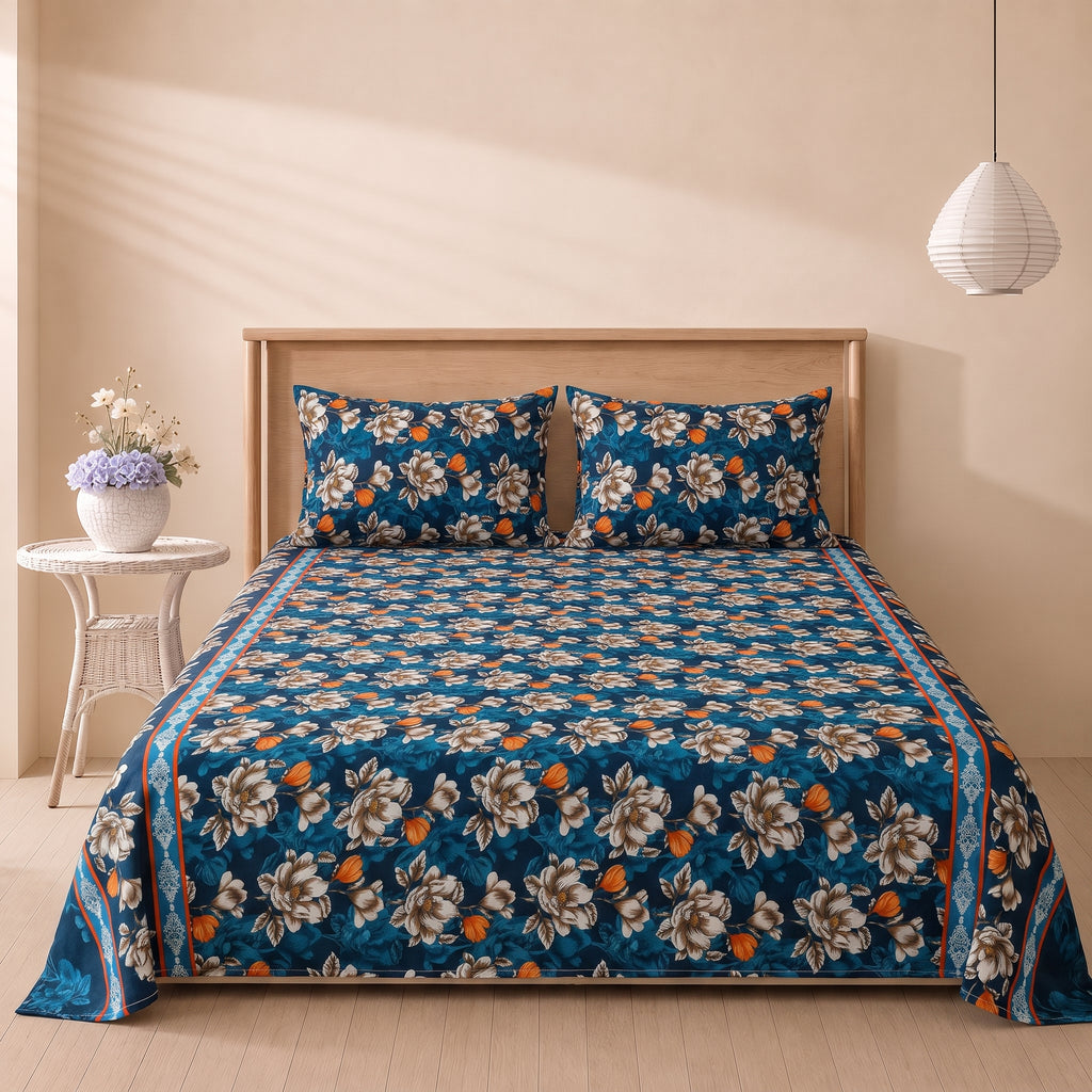 Indigo Floral Charm 3 Pc Bed Sheet Set by MeruHome