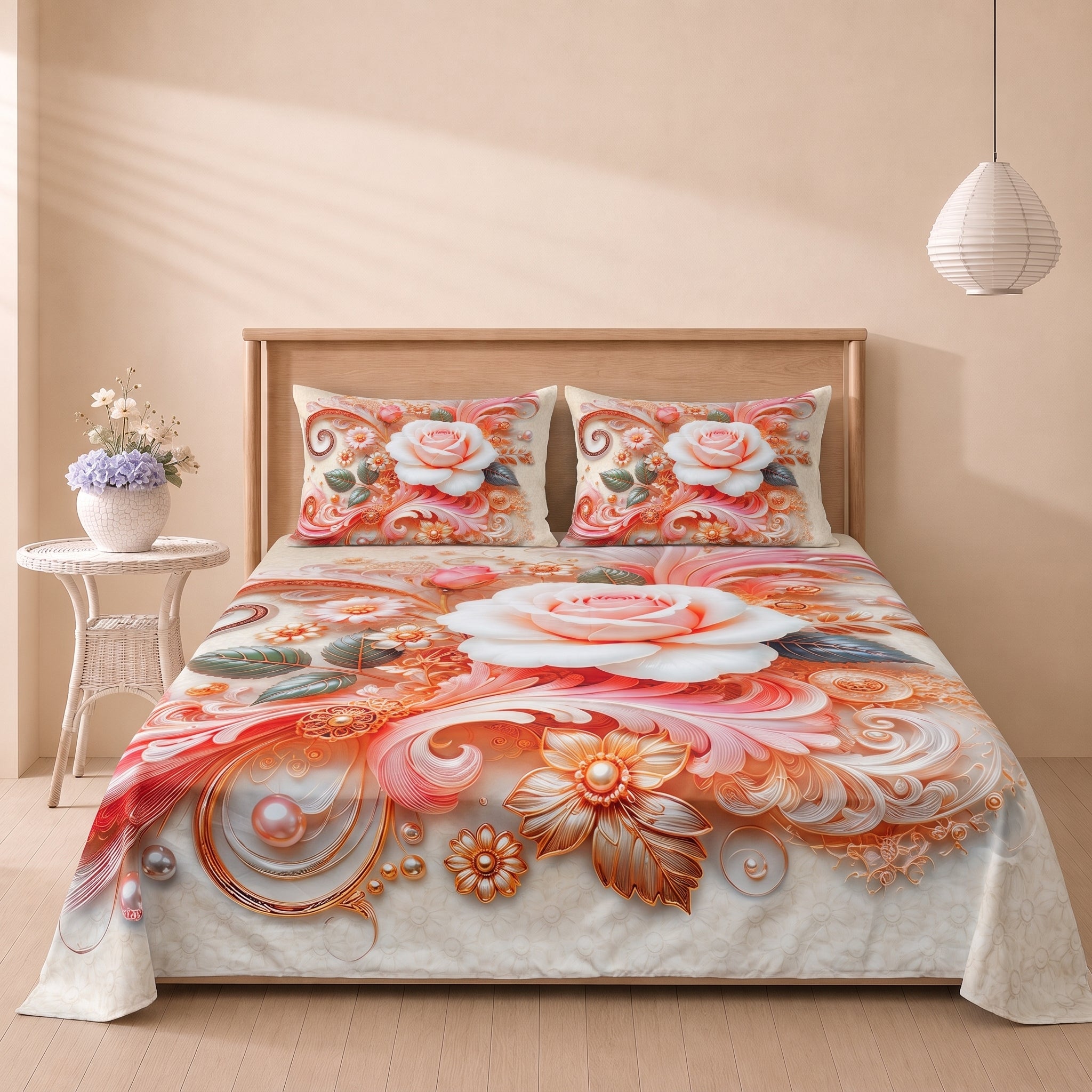 Mirage Pink Gulaab 3 Pc Bed Sheet Set by MeruHome – gallery view 2