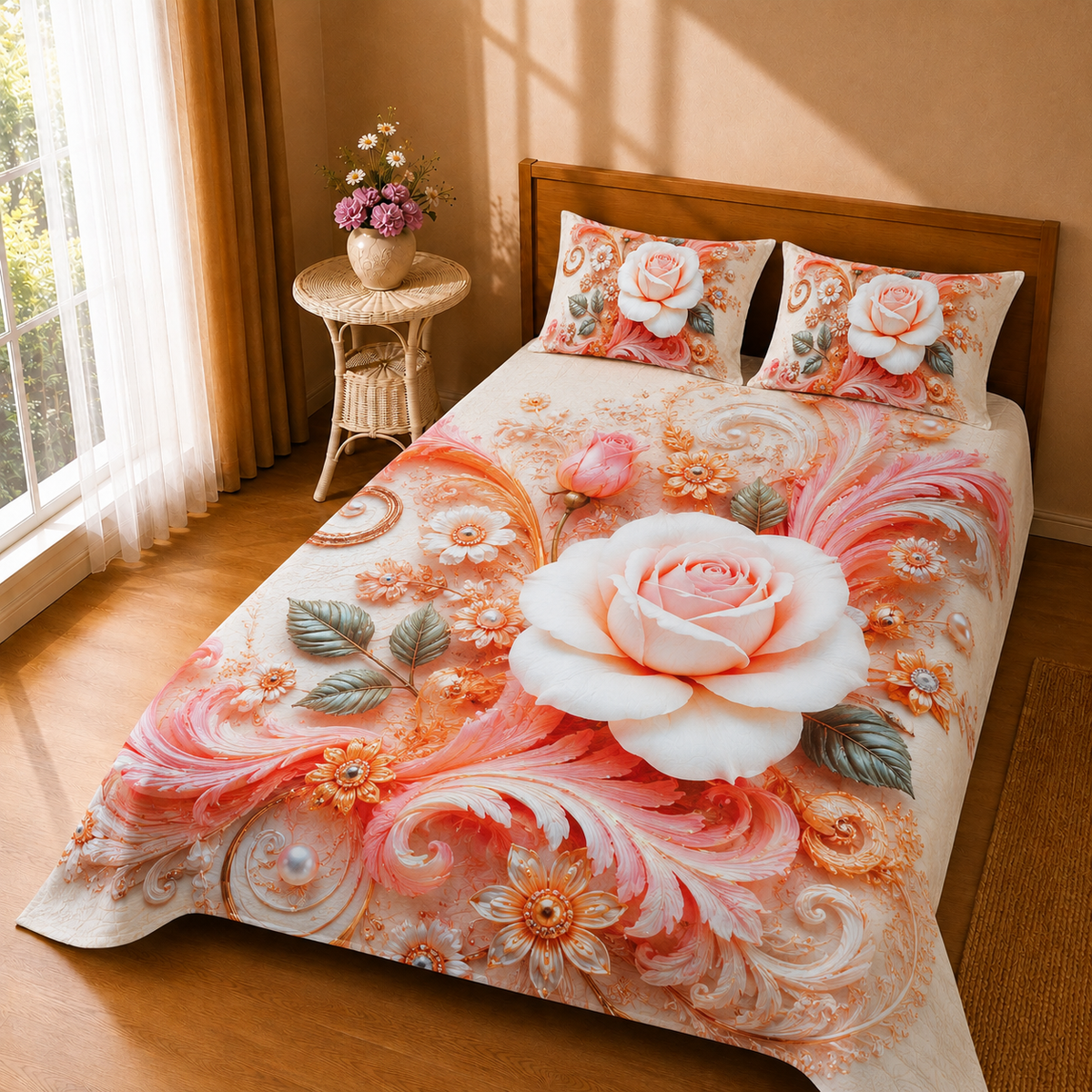 Mirage Pink Gulaab 3 Pc Bed Sheet Set by MeruHome