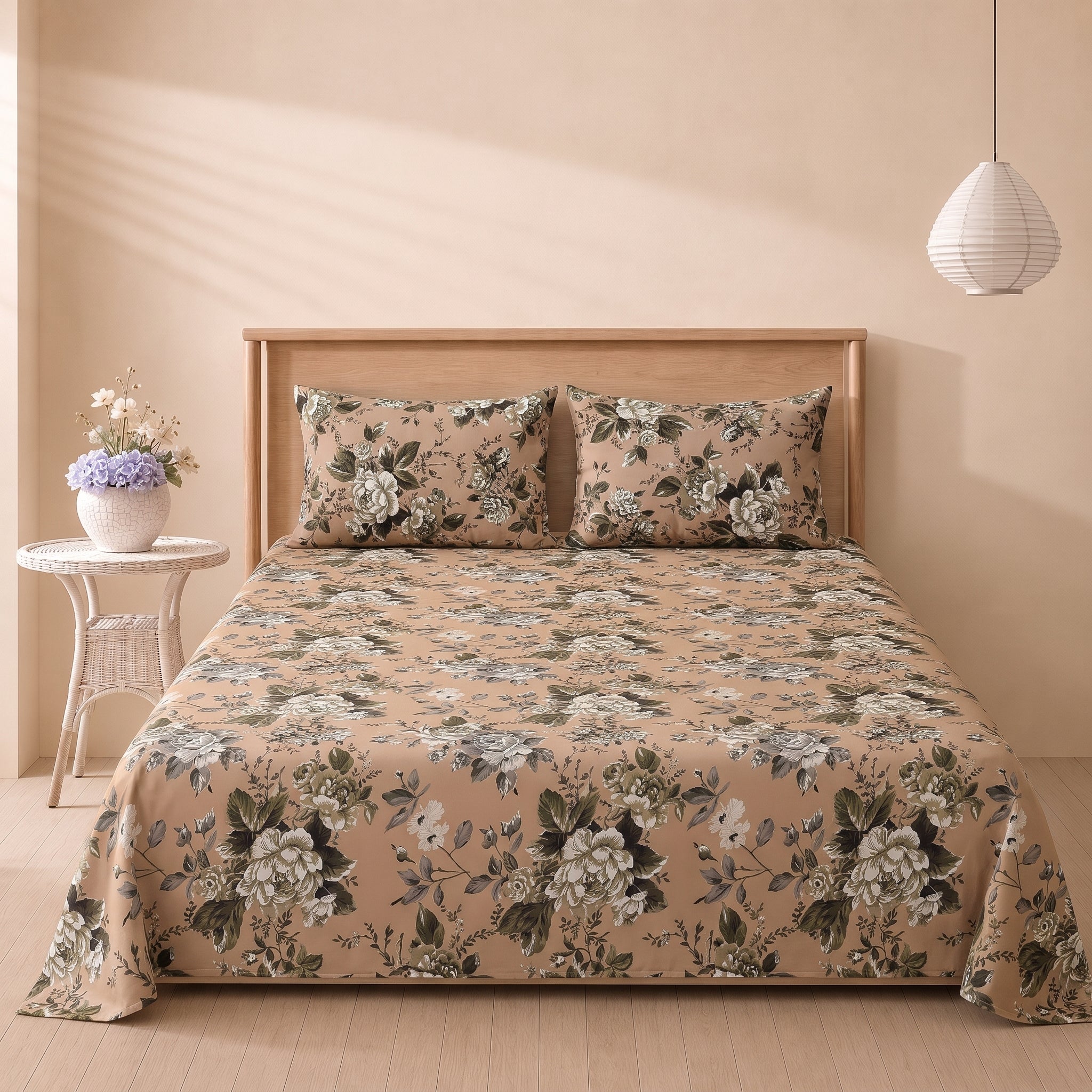 Warm sandstone Everyday Essentials bed sheets styled in a calm bedroom